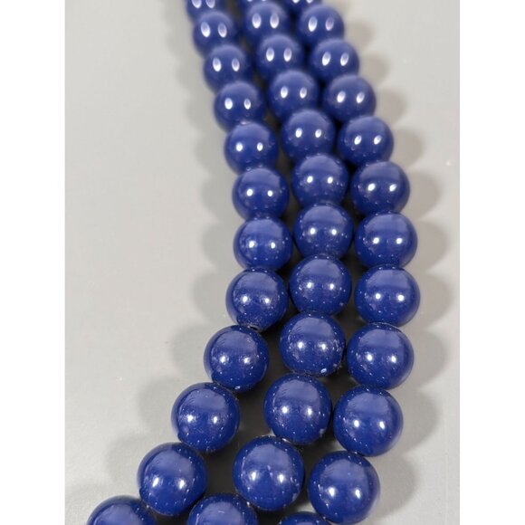 Blue Round Bead Triple Strand Necklace Statement Classic Retro 20 - Picture 3 of 7